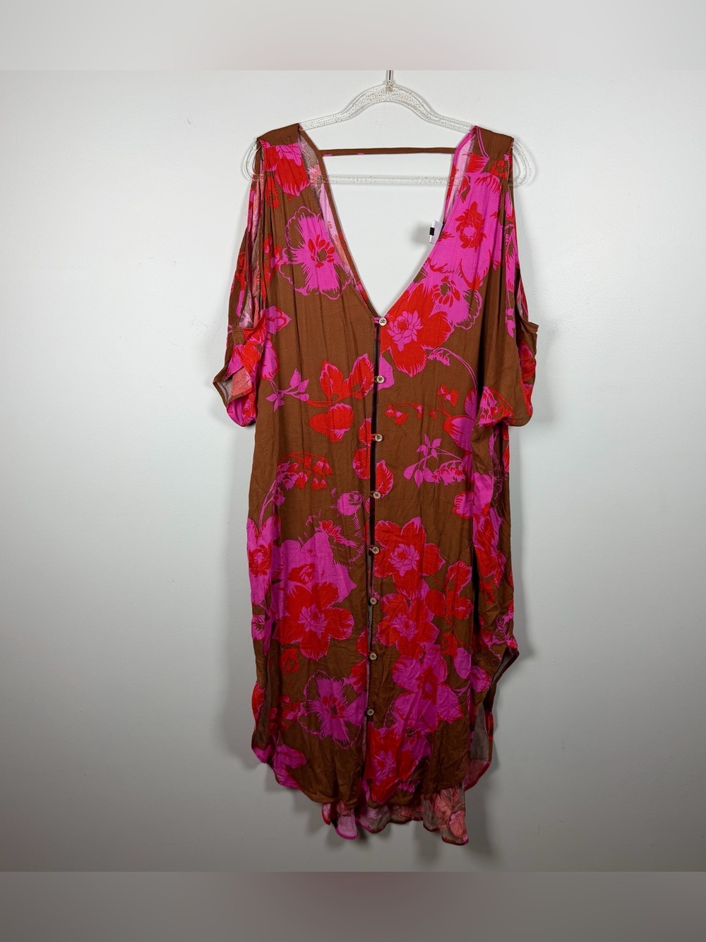 CAbi 5989 Tahitian Coverup Long Button Caftan Pink Rayon Brown Floral Swim M/L